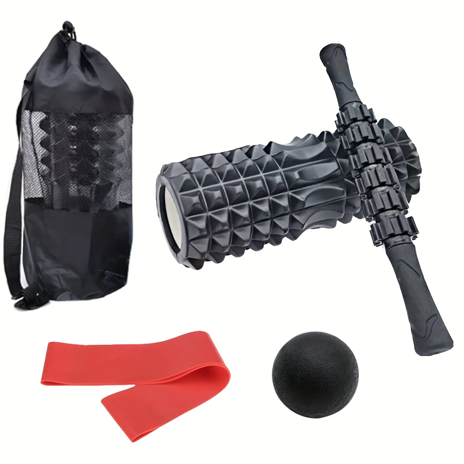 Foam Roller Set-Hollow Foam Massage Roller, Massage Ball, Roller Stick, Stretch Band, Resistance Band, Storage Bag, Suitable for Muscle Massage, Relieve Muscle Soreness (6 pack)